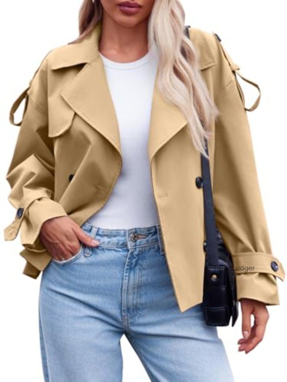 Cropped Trench Coat with Belt Double Breasted Short Jacket Fall Outerwear - Picture 6 of 7